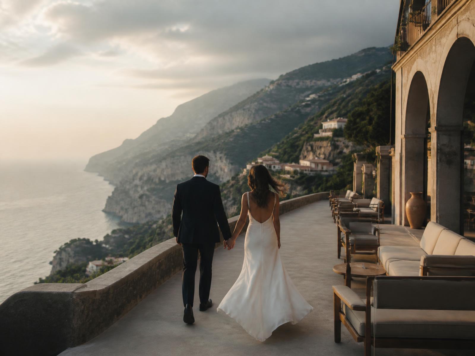 Pareja de recién casados paseando por un sendero de acantilado frente al mar al atardecer