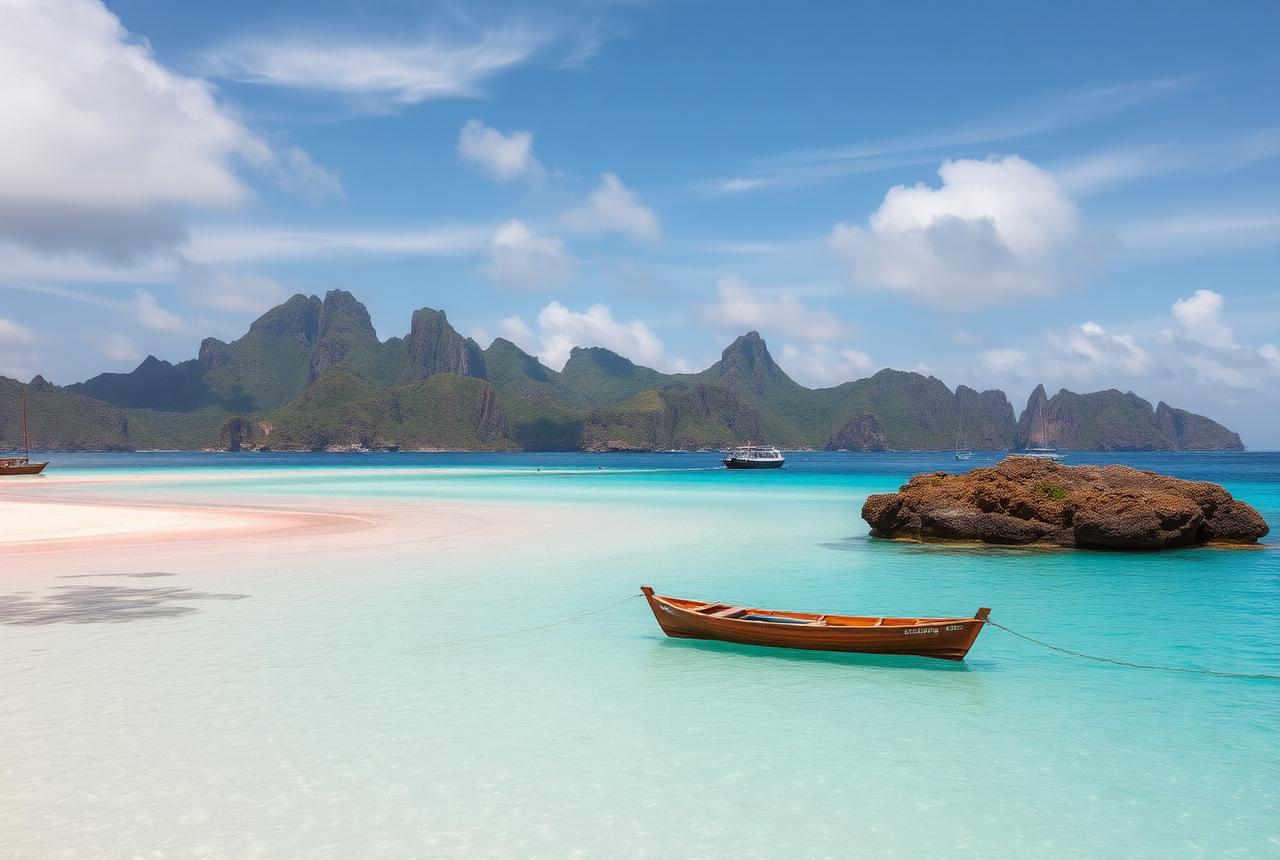 Playa de arena rosada e islas del archipiélago de Komodo