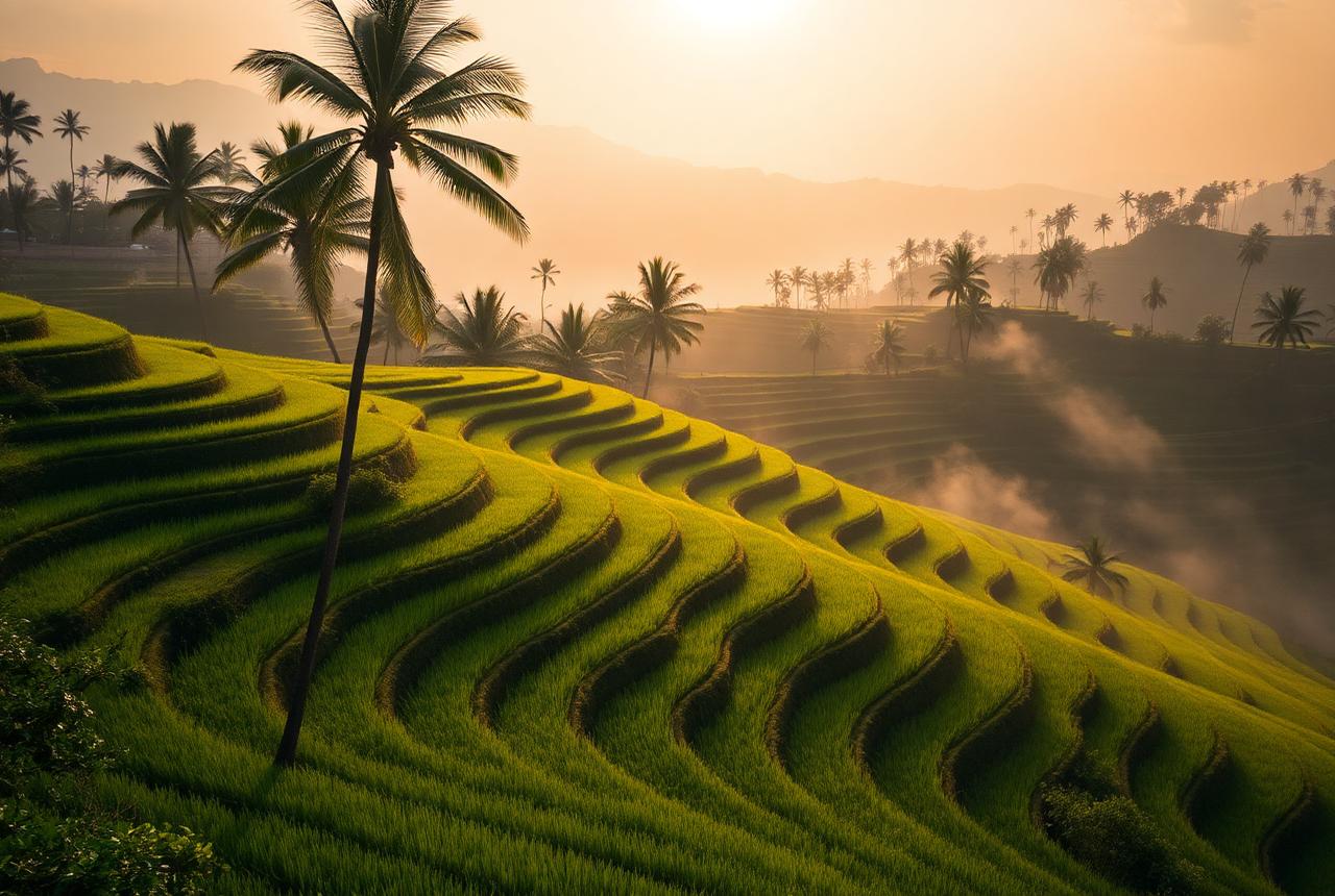Arrozales en terraza de Bali al amanecer