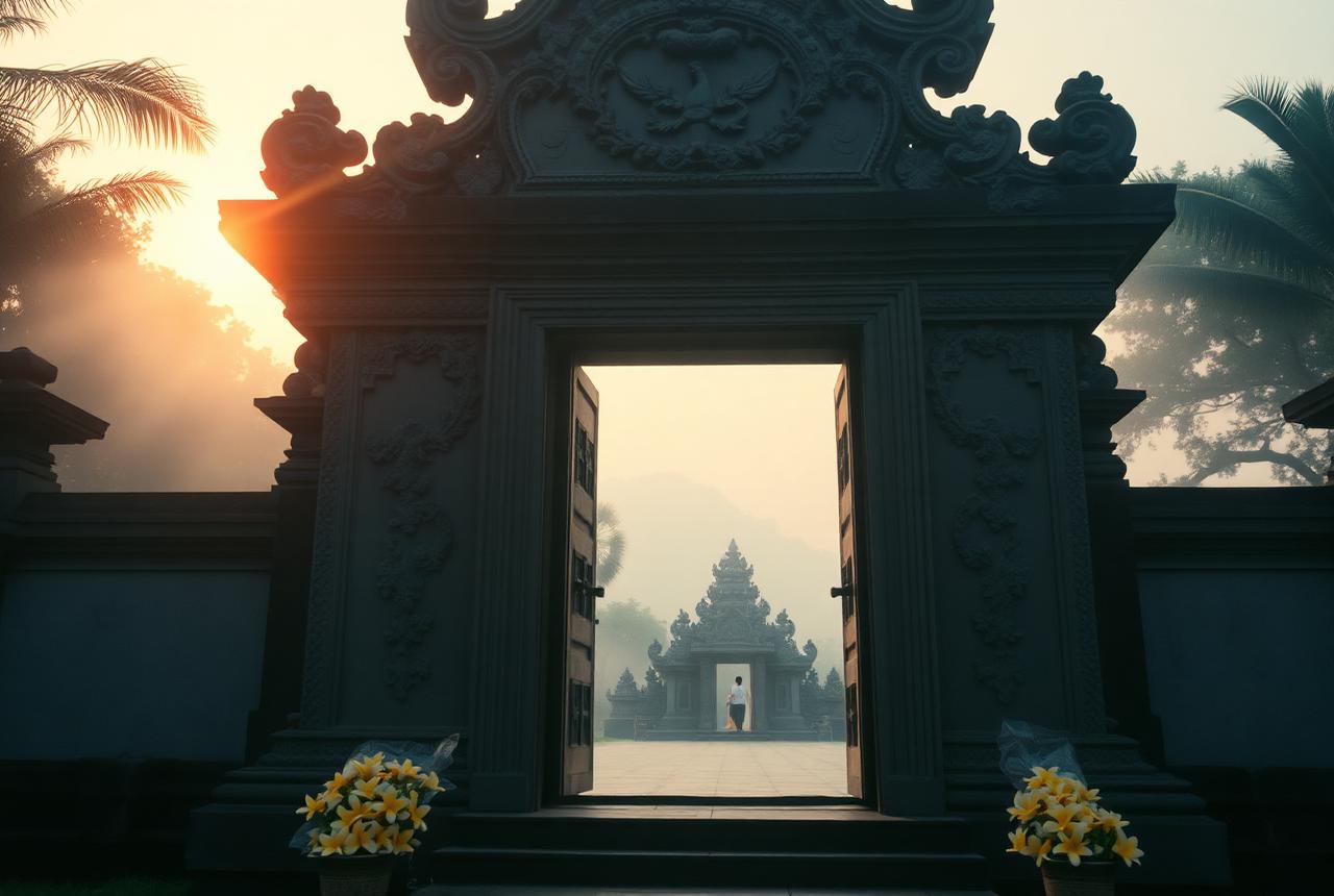 Puerta de un templo balinés al amanecer entre la niebla