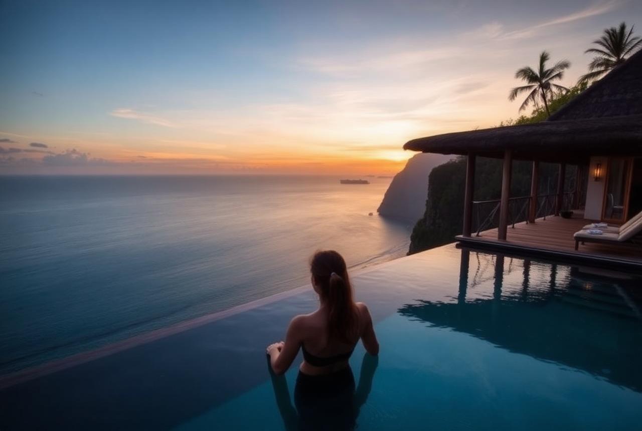 Villa con piscina infinita sobre el océano al atardecer