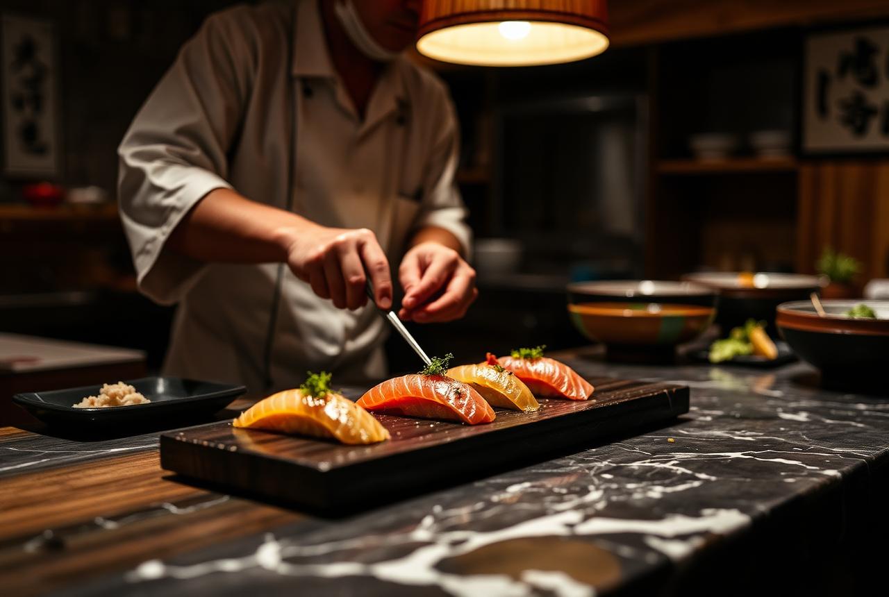 Maestro sushi preparando nigiri en una barra de madera