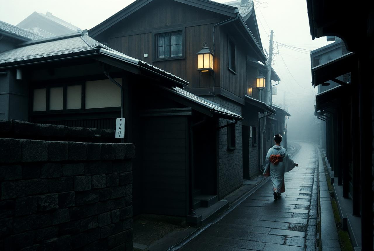 Callejón empedrado de Kioto con casas de madera entre la niebla