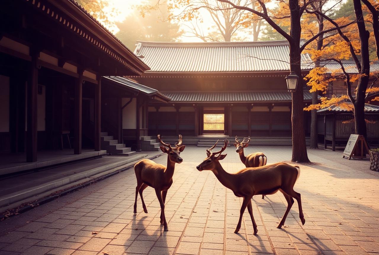Ciervos paseando libres entre templos de madera en Nara