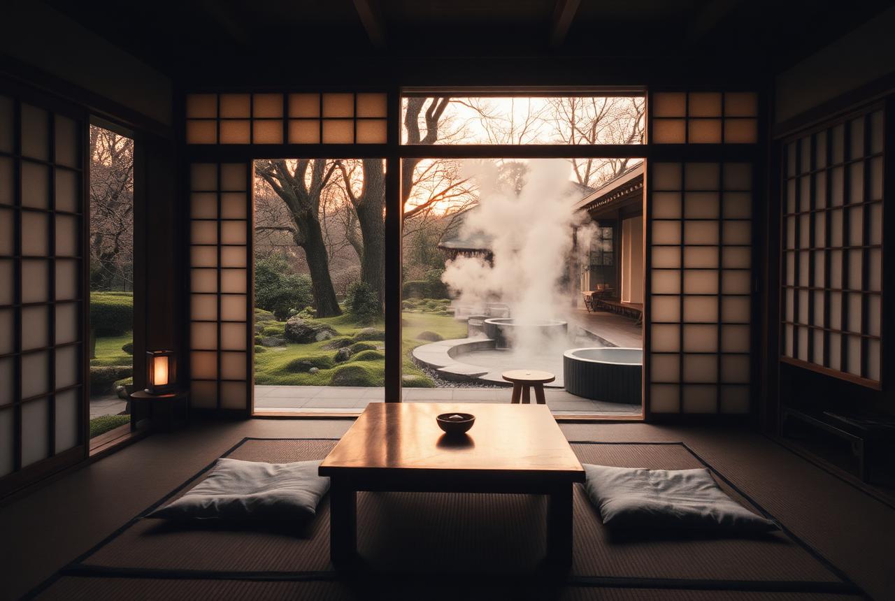 Habitación de ryokan con tatami abierta a un jardín con onsen