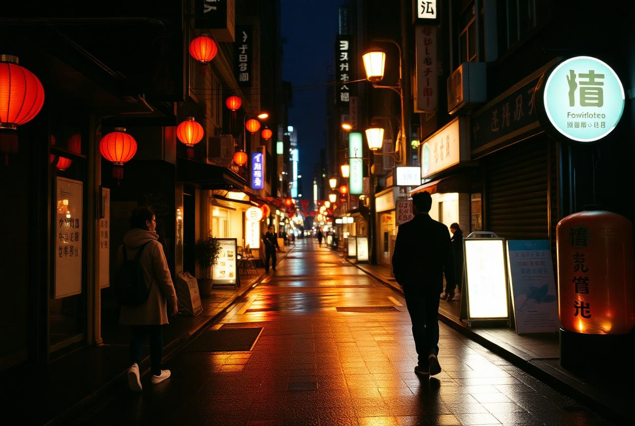 Calle de Tokio al anochecer con farolillos y reflejos de neón