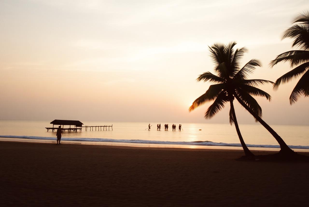 Playa del sur de Sri Lanka con palmeras al atardecer