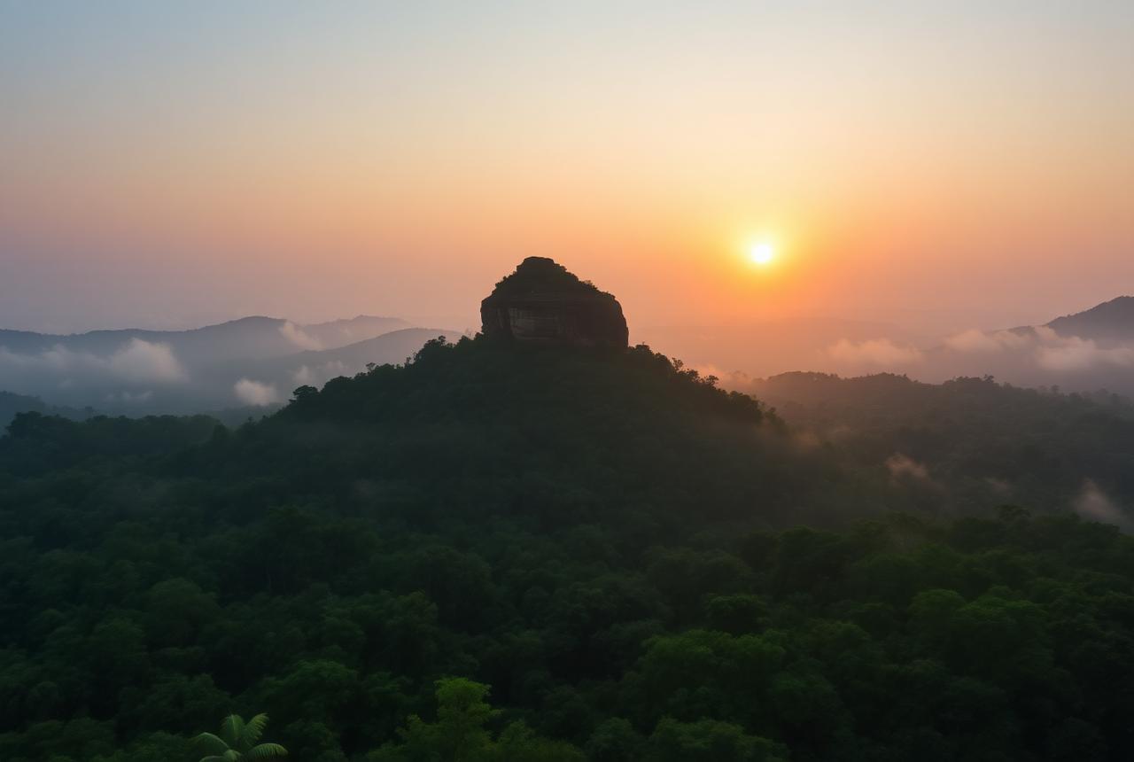 La roca de Sigiriya sobre la selva al amanecer