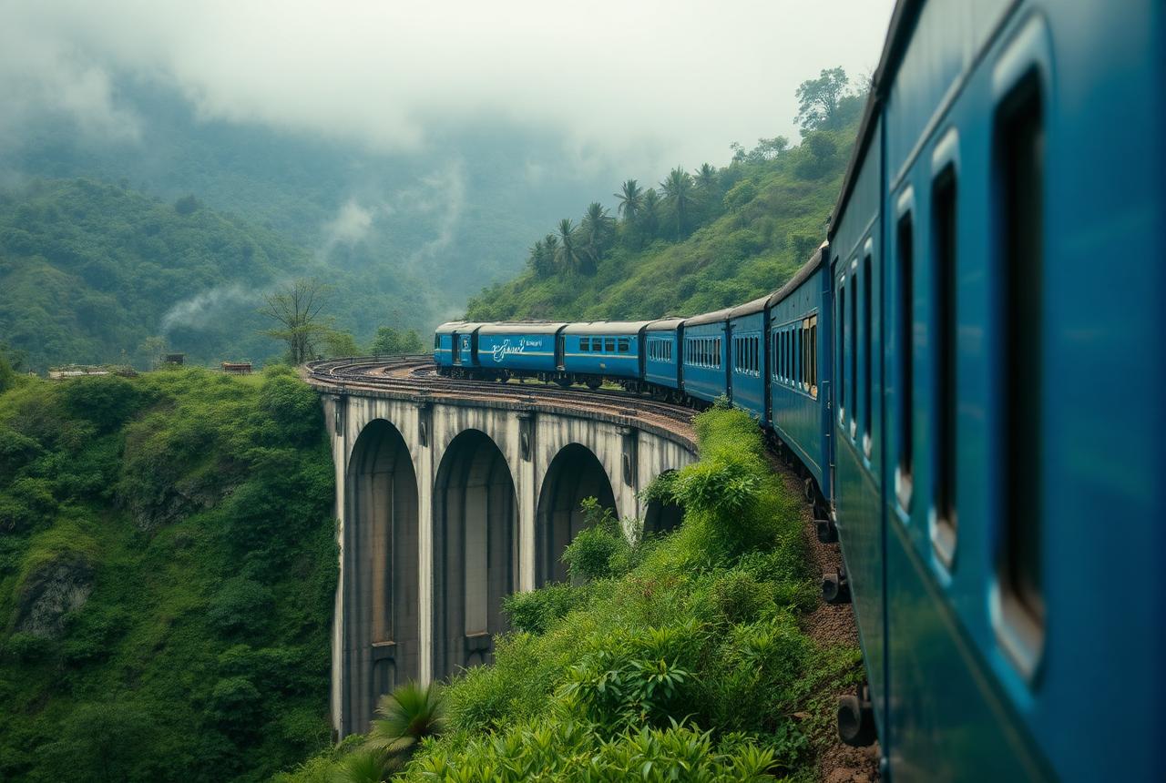 Tren azul cruzando un viaducto entre montañas verdes