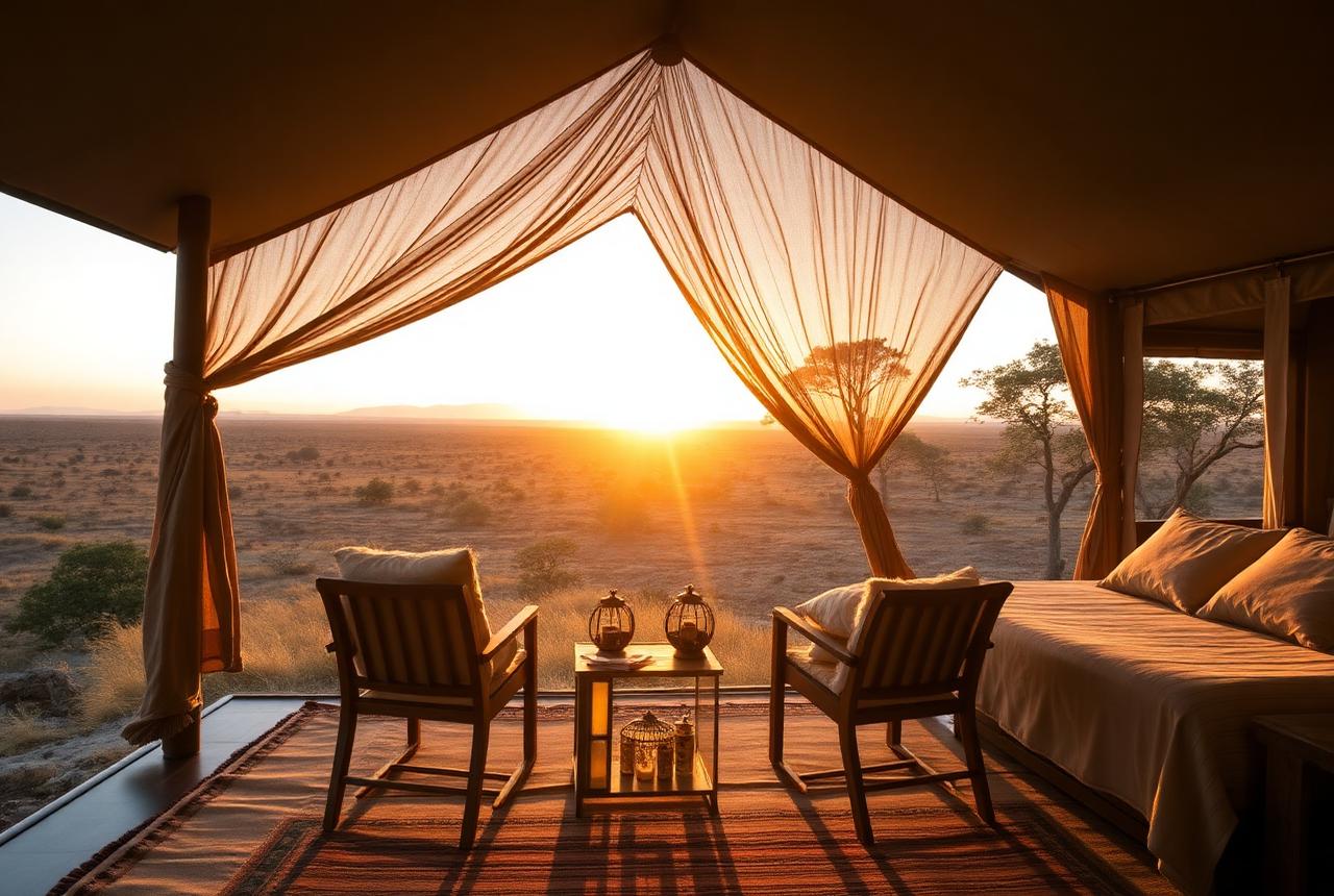 Tienda de safari exclusiva con vistas a la sabana al atardecer
