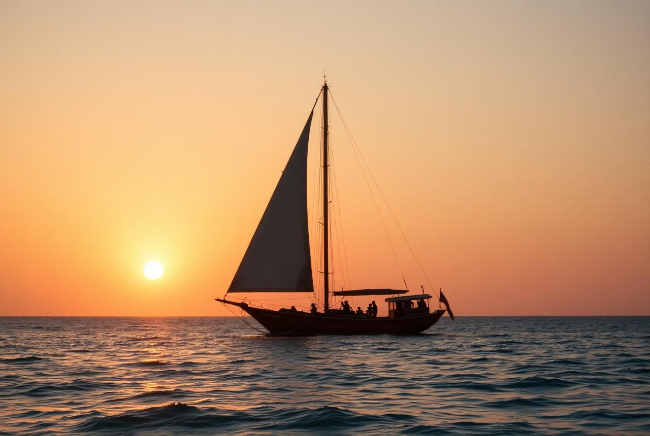 Dhow tradicional navegando al atardecer frente a Zanzíbar