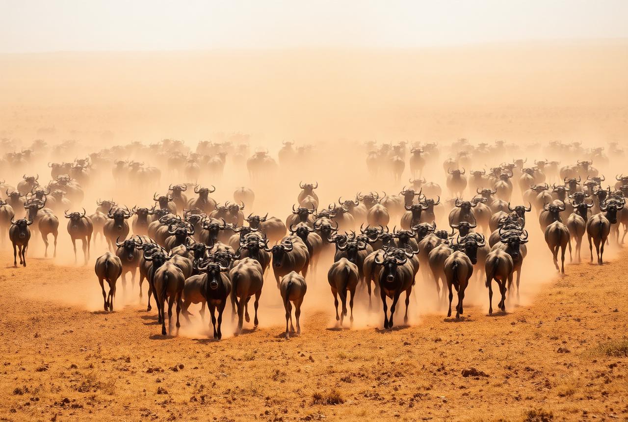 Manadas cruzando las llanuras del Serengeti entre el polvo