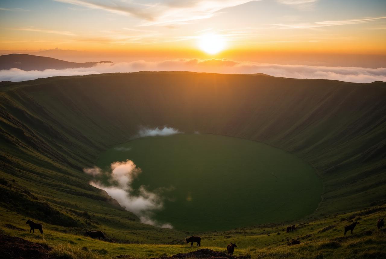 Cráter del Ngorongoro al amanecer con niebla
